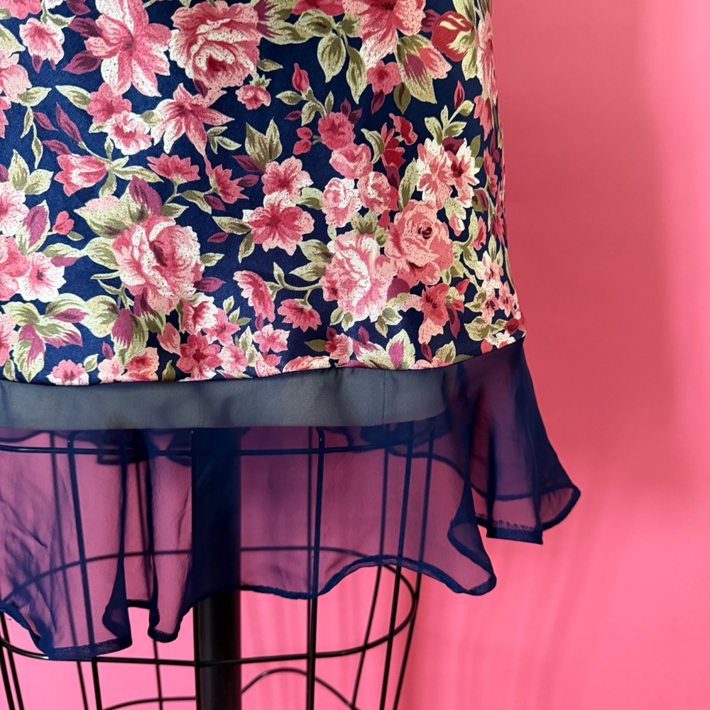 Vintage 80s 90s Coquette Rosette Floral Slip Dress Navy Ruffle Mini Slip Dress S - Picture 9 of 15